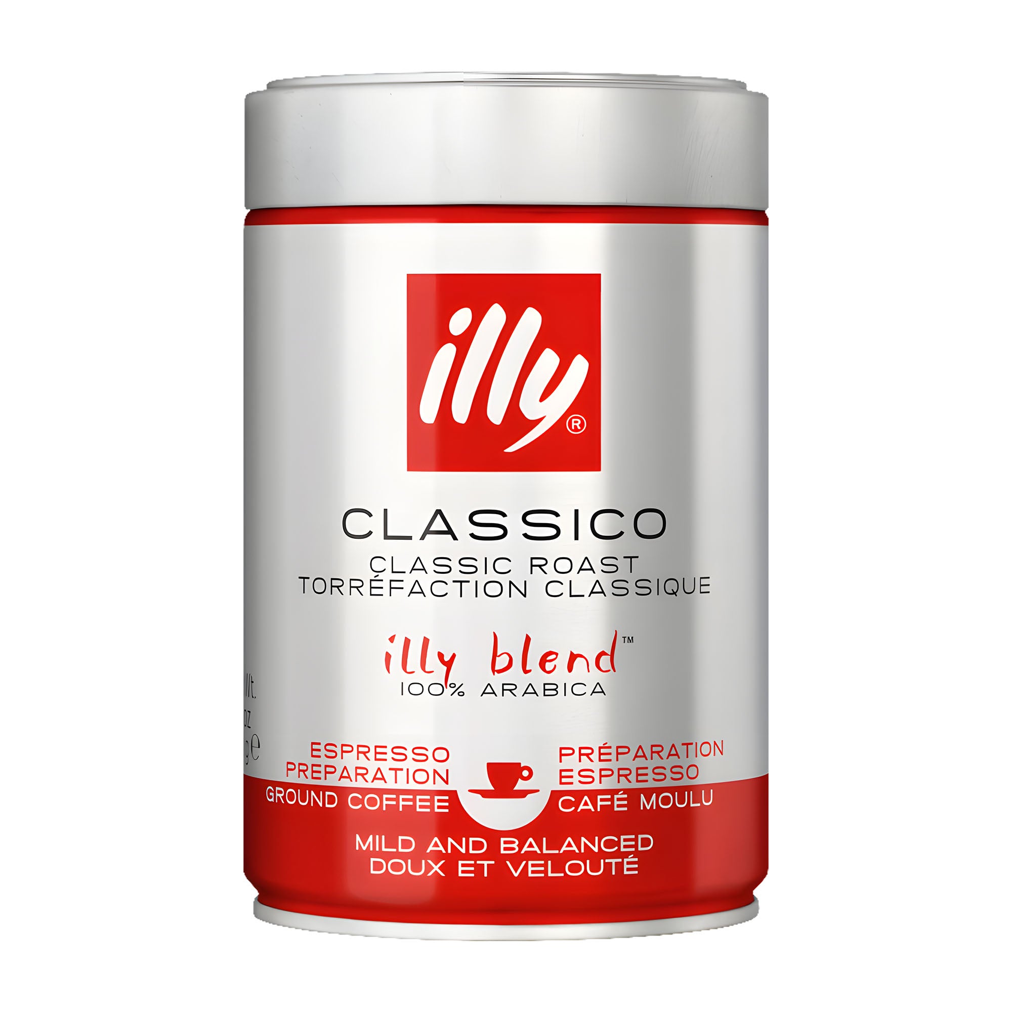 Illy Classico ground coffee can on a white background