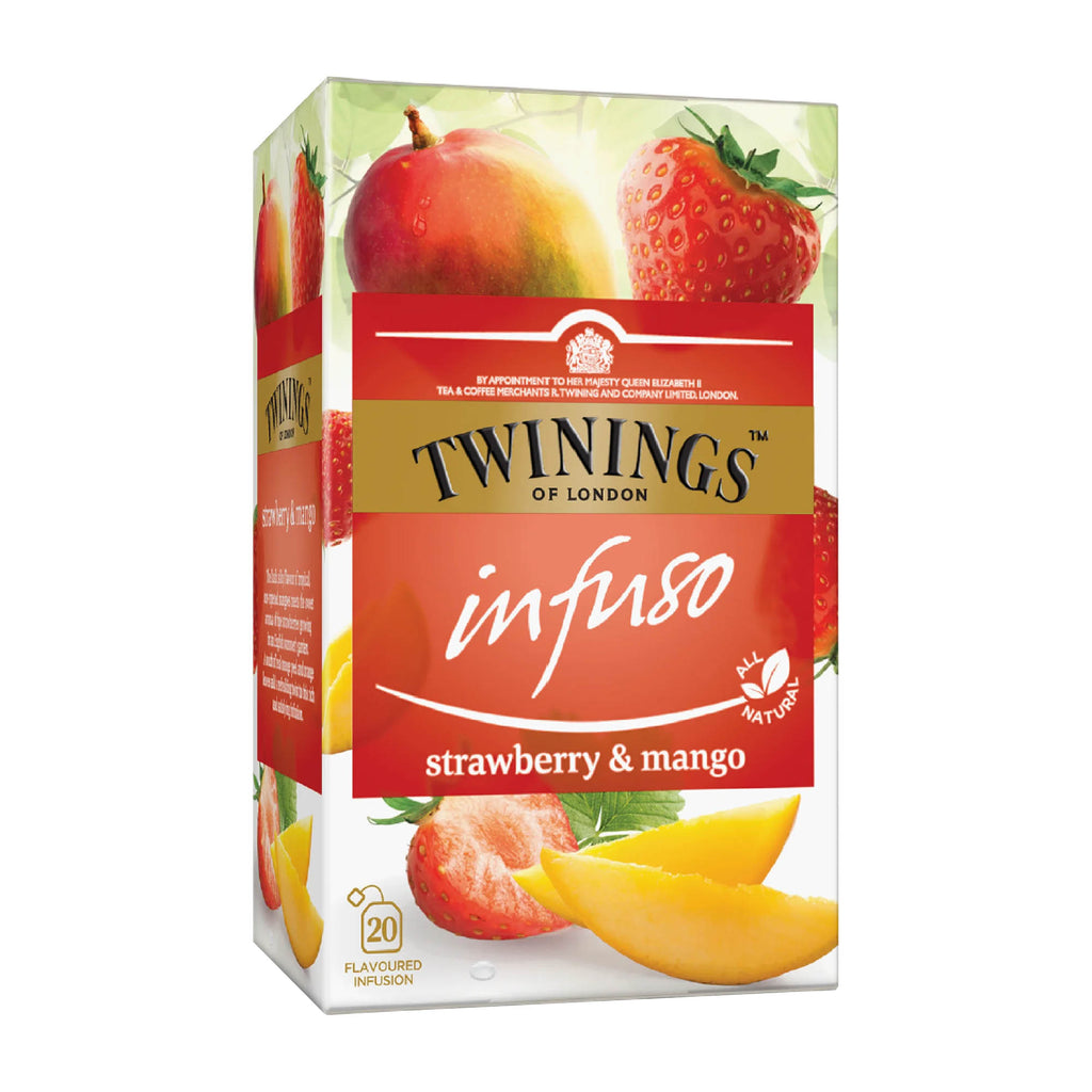A box of Twinings Infuso Strawberry & Mango Herbal Tea with a count of 20. The packaging is predominantly red and white, featuring images of strawberries and mangoes.