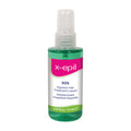 A bottle of X-Epil SOS Ingrown Hair treatment liquid with a spray dispenser, predominantly green in color with pink and white accents.