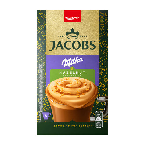 Jacobs Milka Hazelnut Instant Cappuccino packaging on a white background