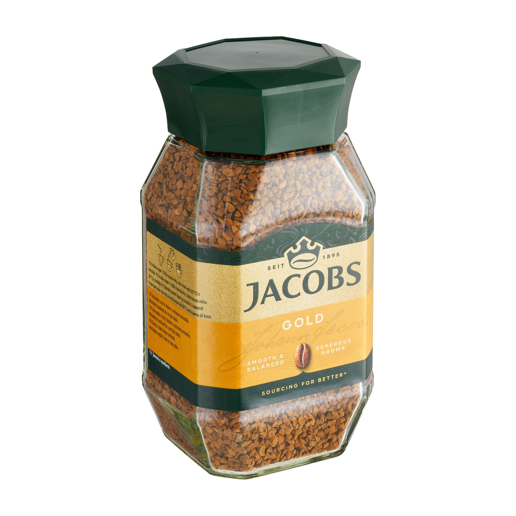 Jar of Jacobs Gold instant coffee on a white background