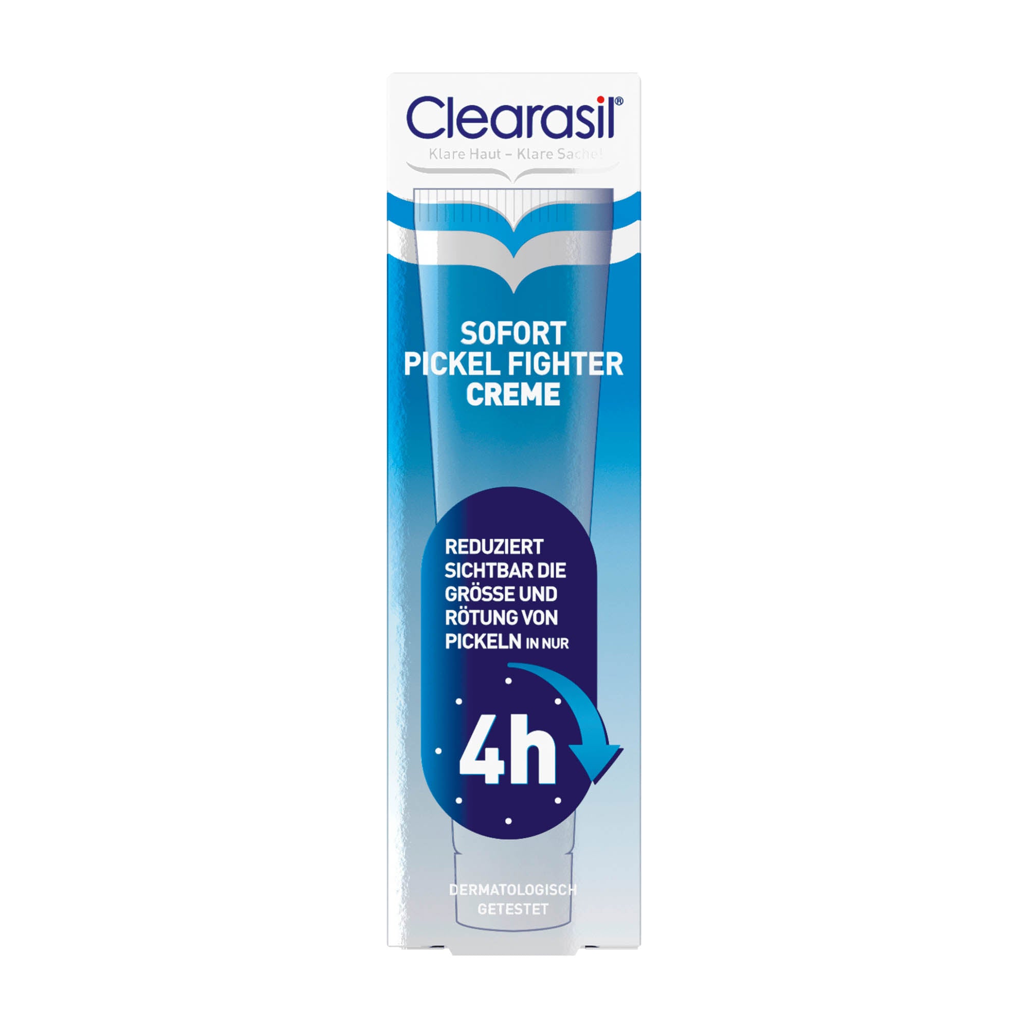 Packaging of Clearasil Instant Pimple Fighter Cream, with text highlighting the product's benefits and dermatologist testing, against a white background.