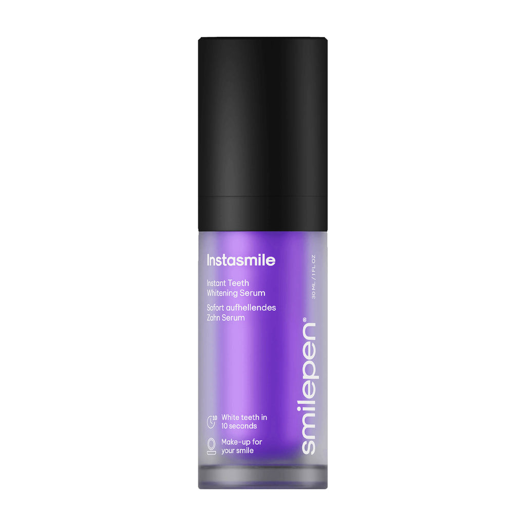 A bottle of smilepen Instasmile instant teeth whitening serum with a purple label and cap, designed to correct the color of teeth instantly.