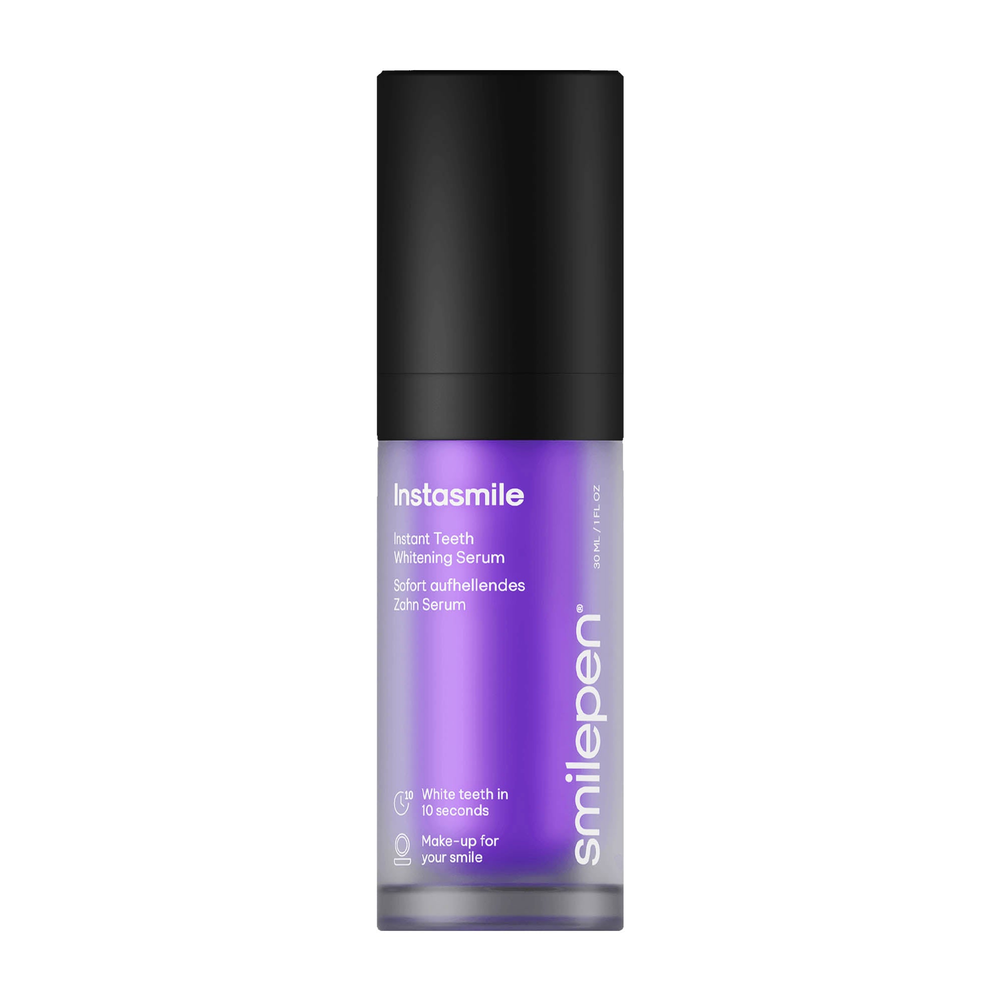 A bottle of smilepen Instasmile instant teeth whitening serum with a purple label and cap, designed to correct the color of teeth instantly.