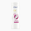A white bottle of Dove Body Love Intense Care Panthenol body lotion with pink and gold accents on the label, set against a plain white background.