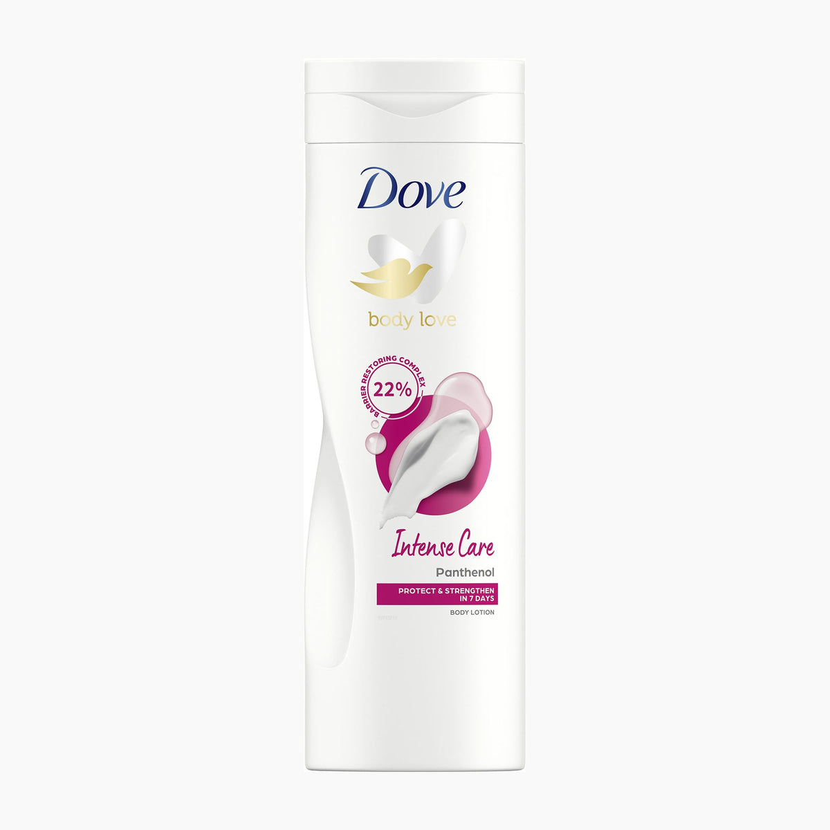A white bottle of Dove Body Love Intense Care Panthenol body lotion with pink and gold accents on the label, set against a plain white background.