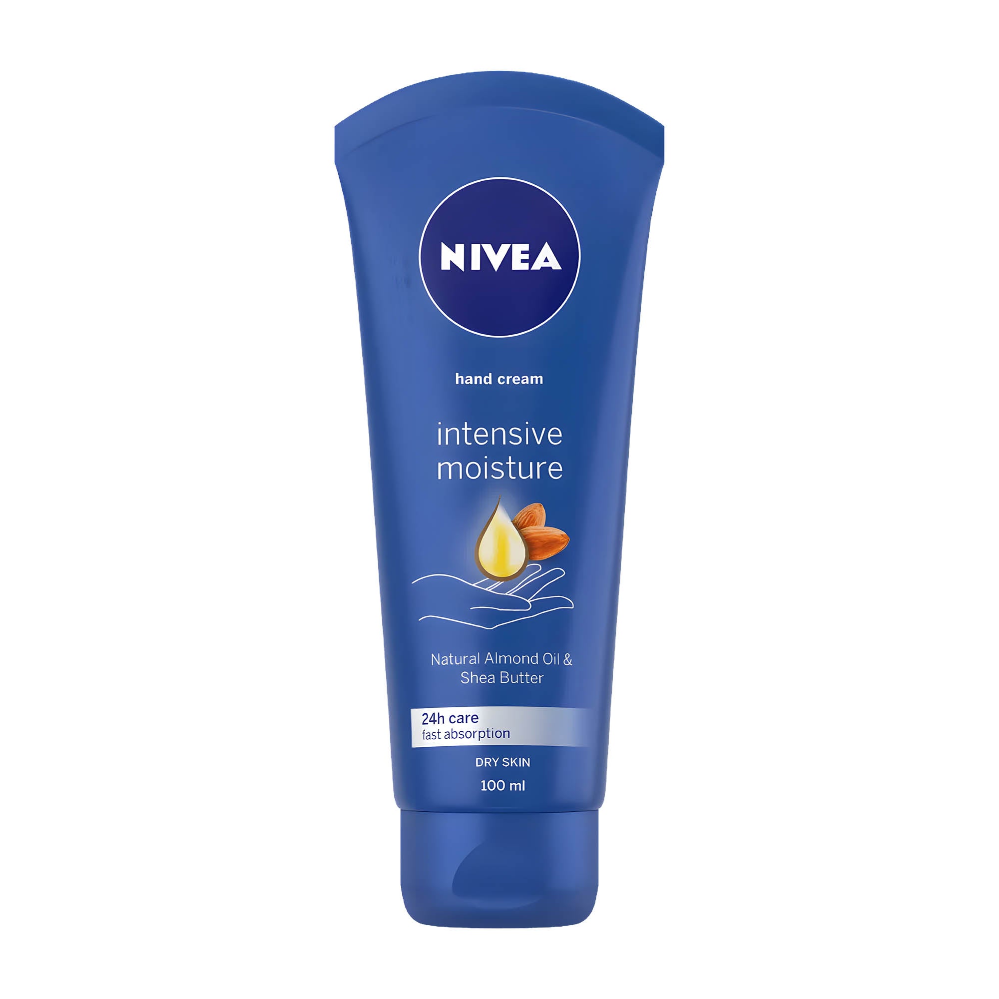 Tube of Nivea Intensive Moisture hand cream on a white background