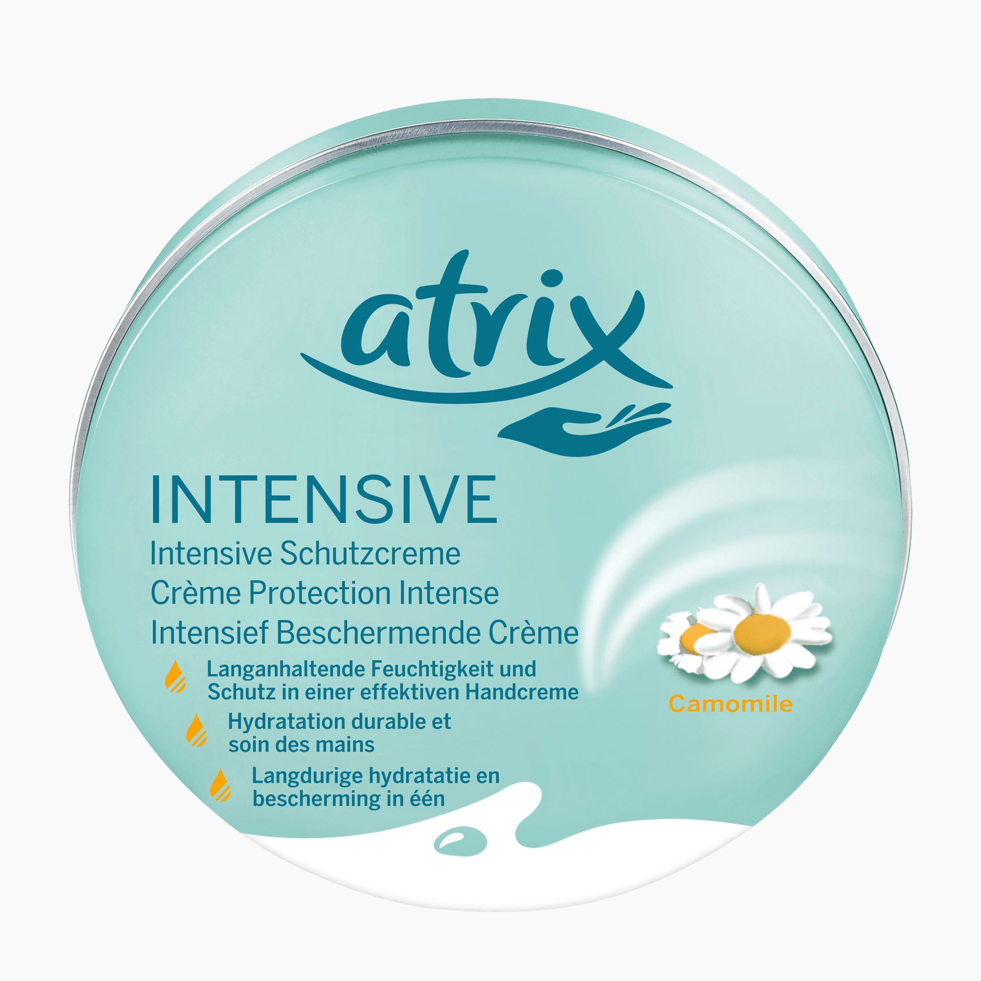 A round tin of Atrix Intensive Hand Cream with a light teal-green lid featuring the brand name 'atrix' in dark teal, product details in German, and a camomile flower illustration on the right side.
