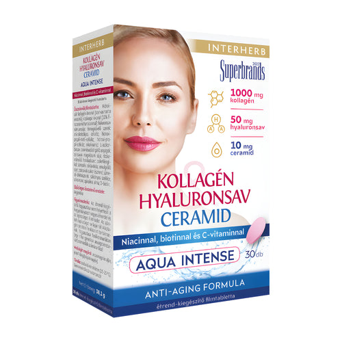 Box of Aqua Intense Collagen & Hyaluronic Acid tablets with a woman's face on the packaging, featuring Interherb branding.