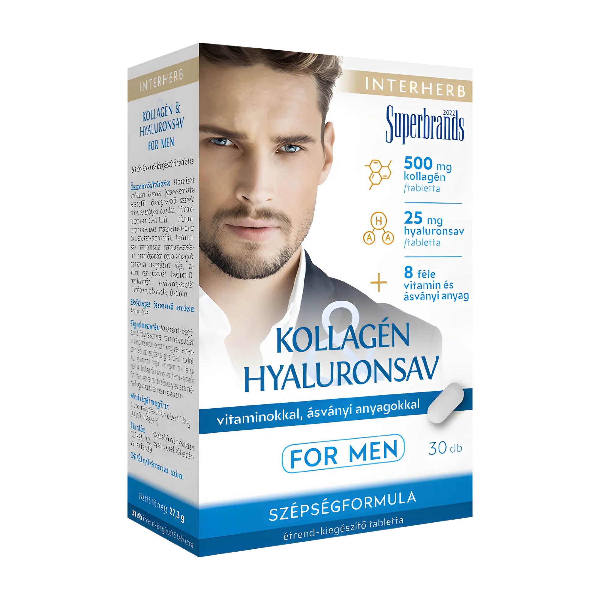 Packaging of Interherb Collagen & Hyaluronic Acid for Men tablets, featuring a man on the front and product information.