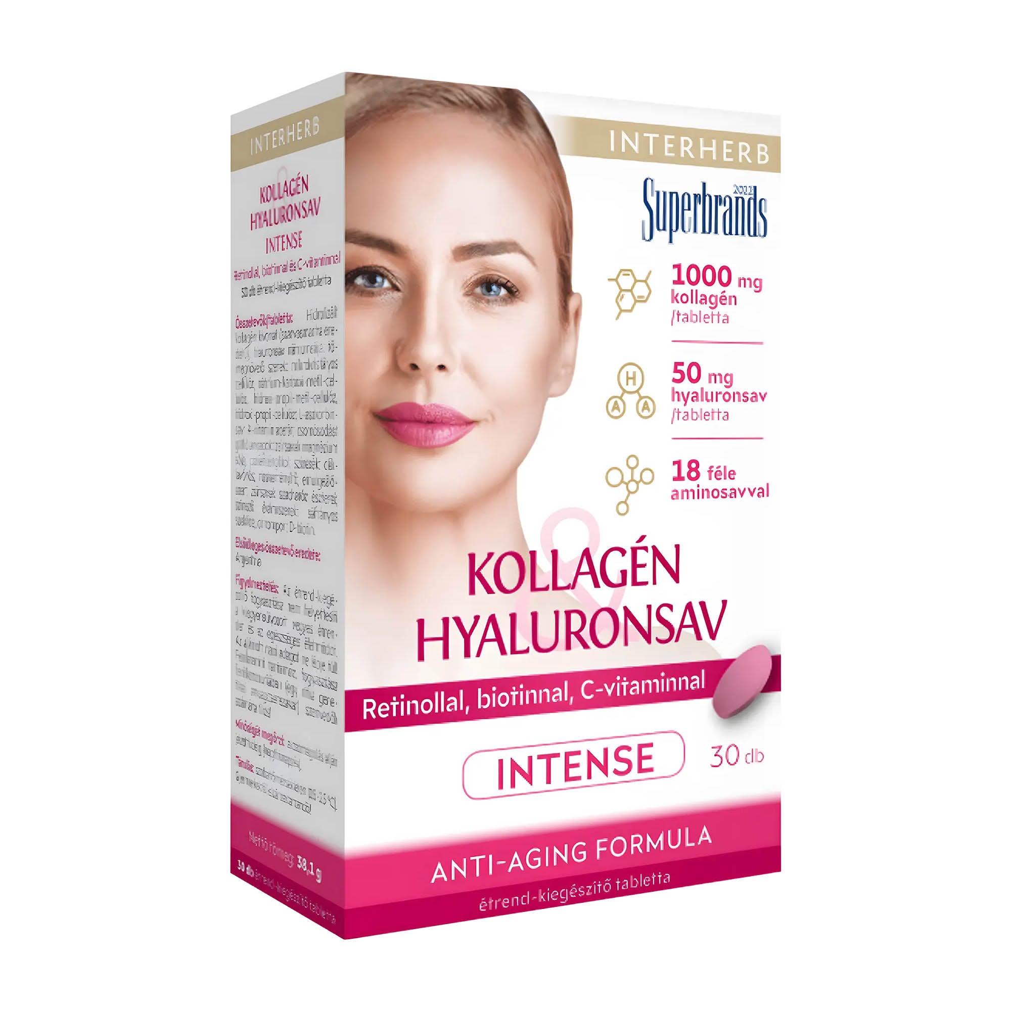 Packaging of Interherb Collagen & Hyaluronic Acid Intense tablets with a picture of a smiling woman, highlighting benefits for skin health.