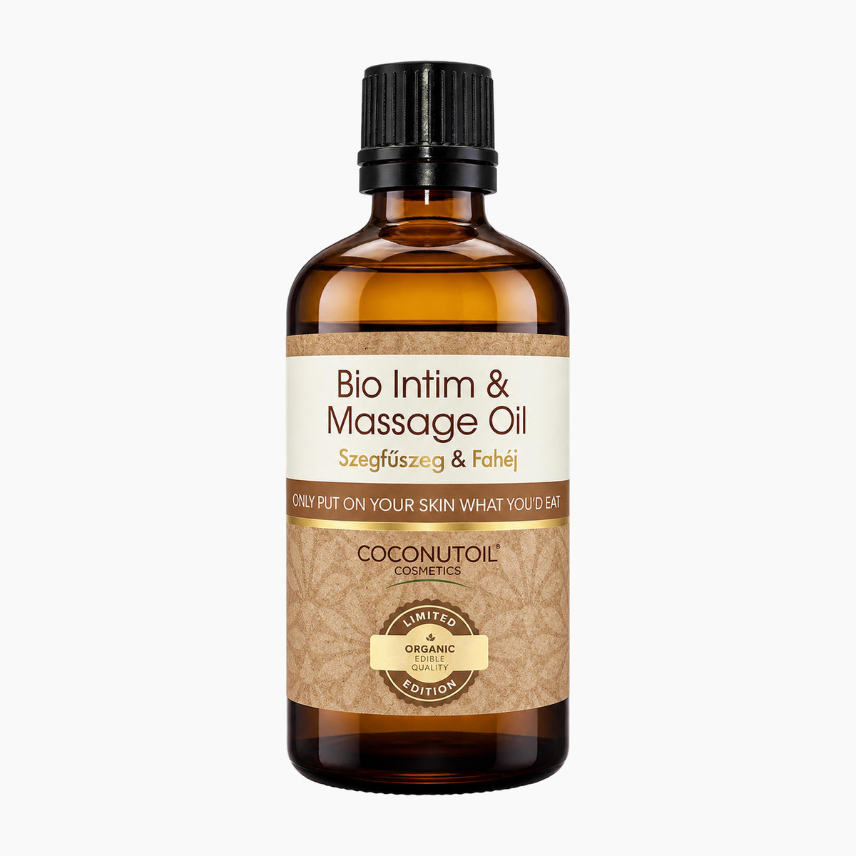 An amber glass bottle of Bio Intim & Massage Oil Clove & Cinnamon by Coconutoil Cosmetics, featuring a black ribbed cap and a brown and cream label, set against a plain white background.