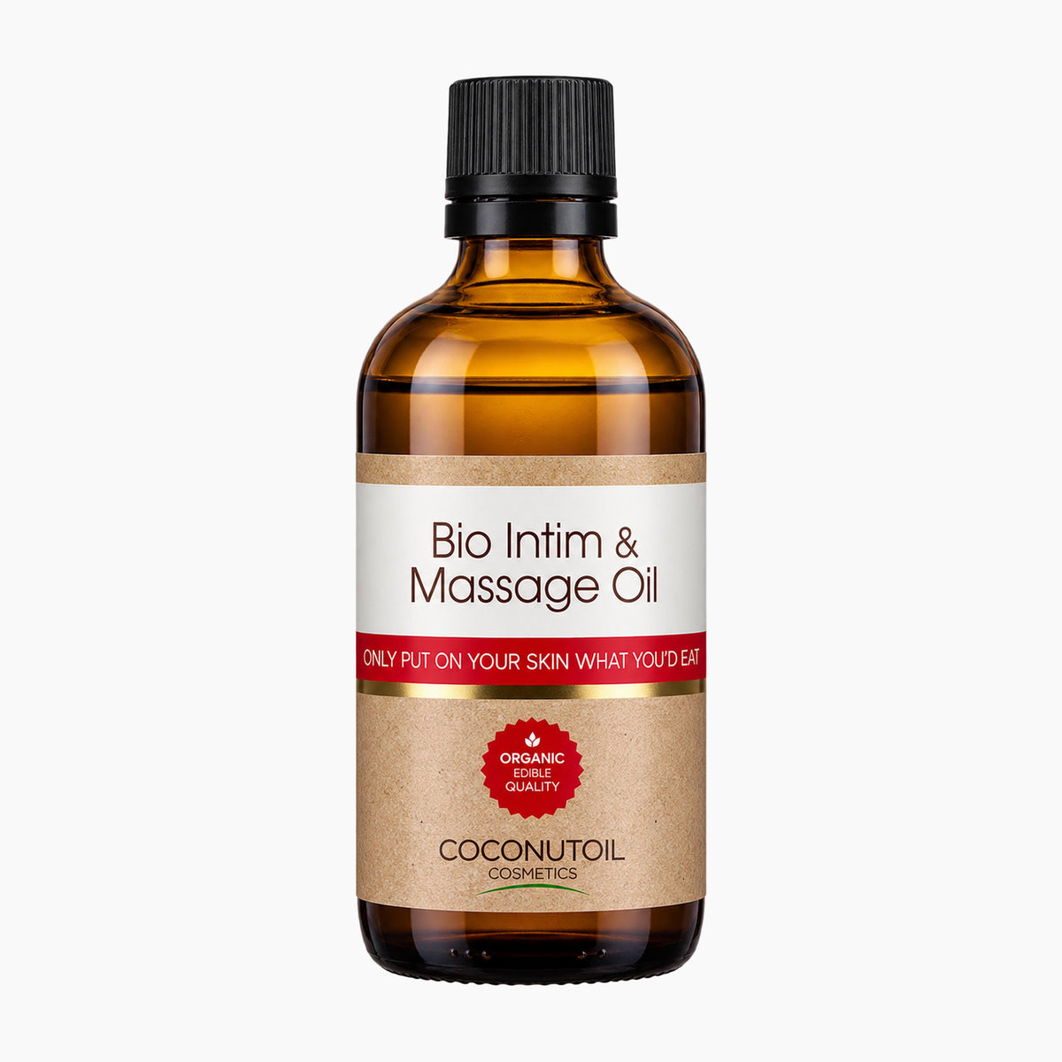 An amber glass bottle of Coconutoil Cosmetics Bio Intim & Massage Oil with a black cap and a brown and white label, shown on a light gray background.