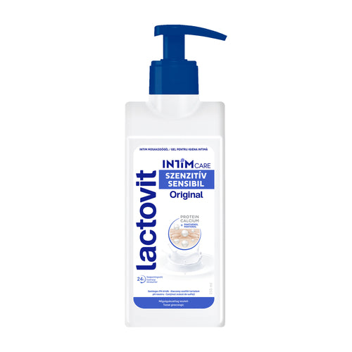 Lactovit IntimCare Sensitive Original intimate wash gel bottle on a white background