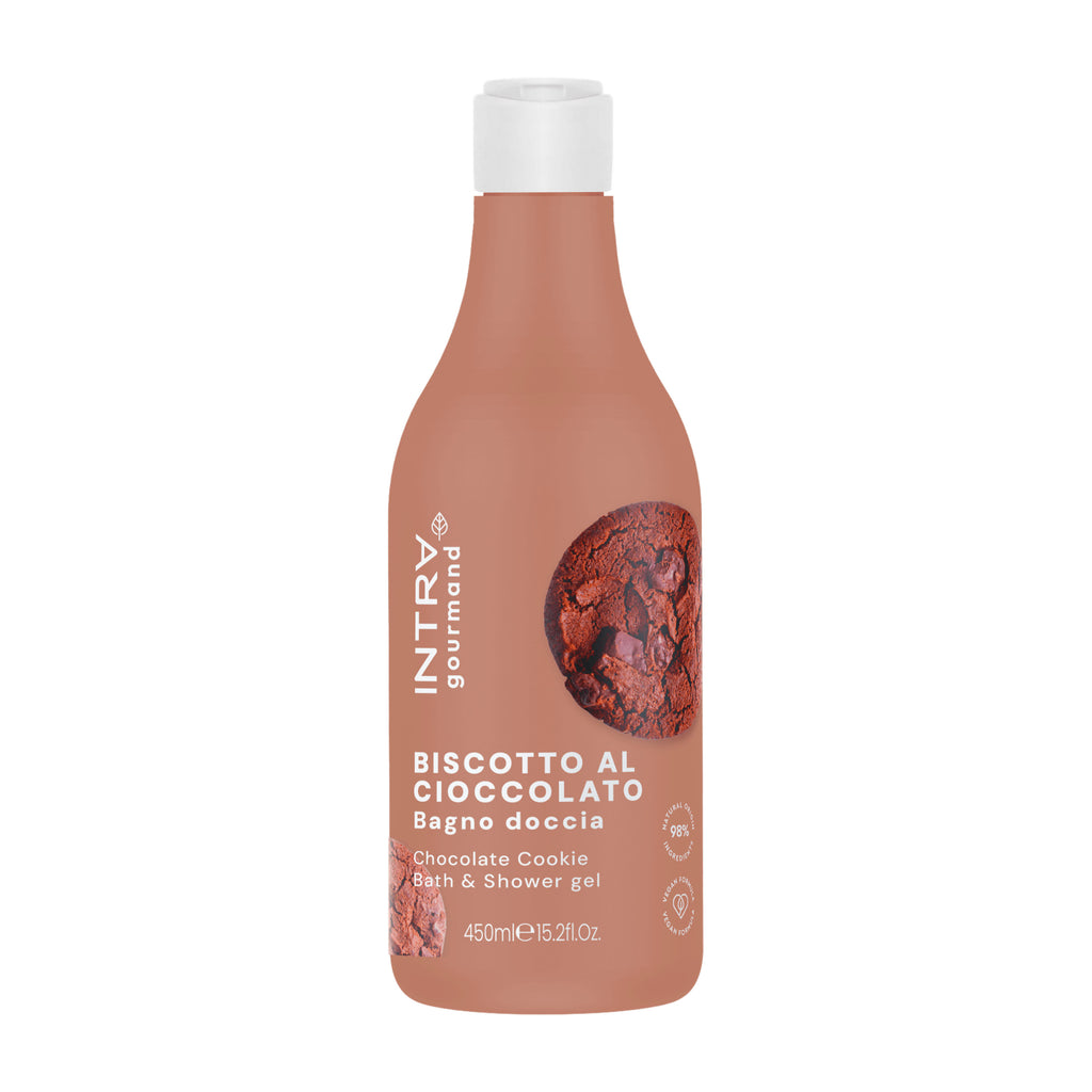 Brown bottle of INTRA gourmand Chocolate Cookie Bath & Shower Gel on a white background