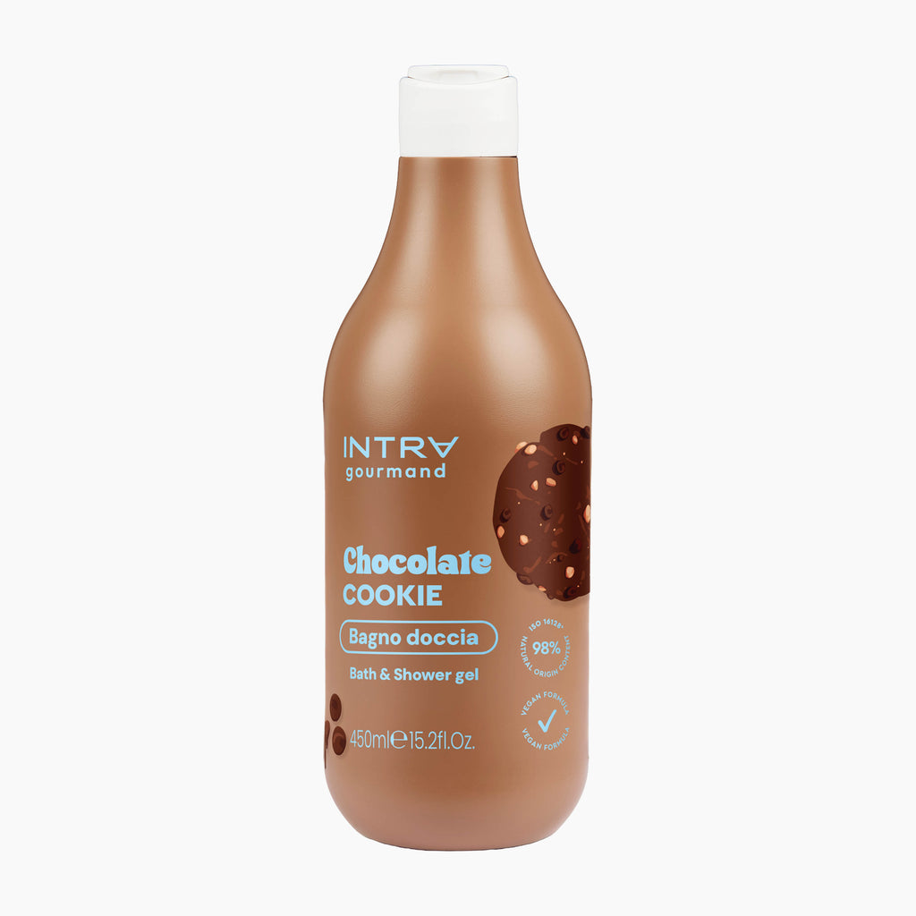 A bottle of INTRA gourmand Chocolate Cookie bath & shower gel, featuring a glossy brown bottle with a white cap and a chocolate cookie graphic on the label, set against a plain white background.