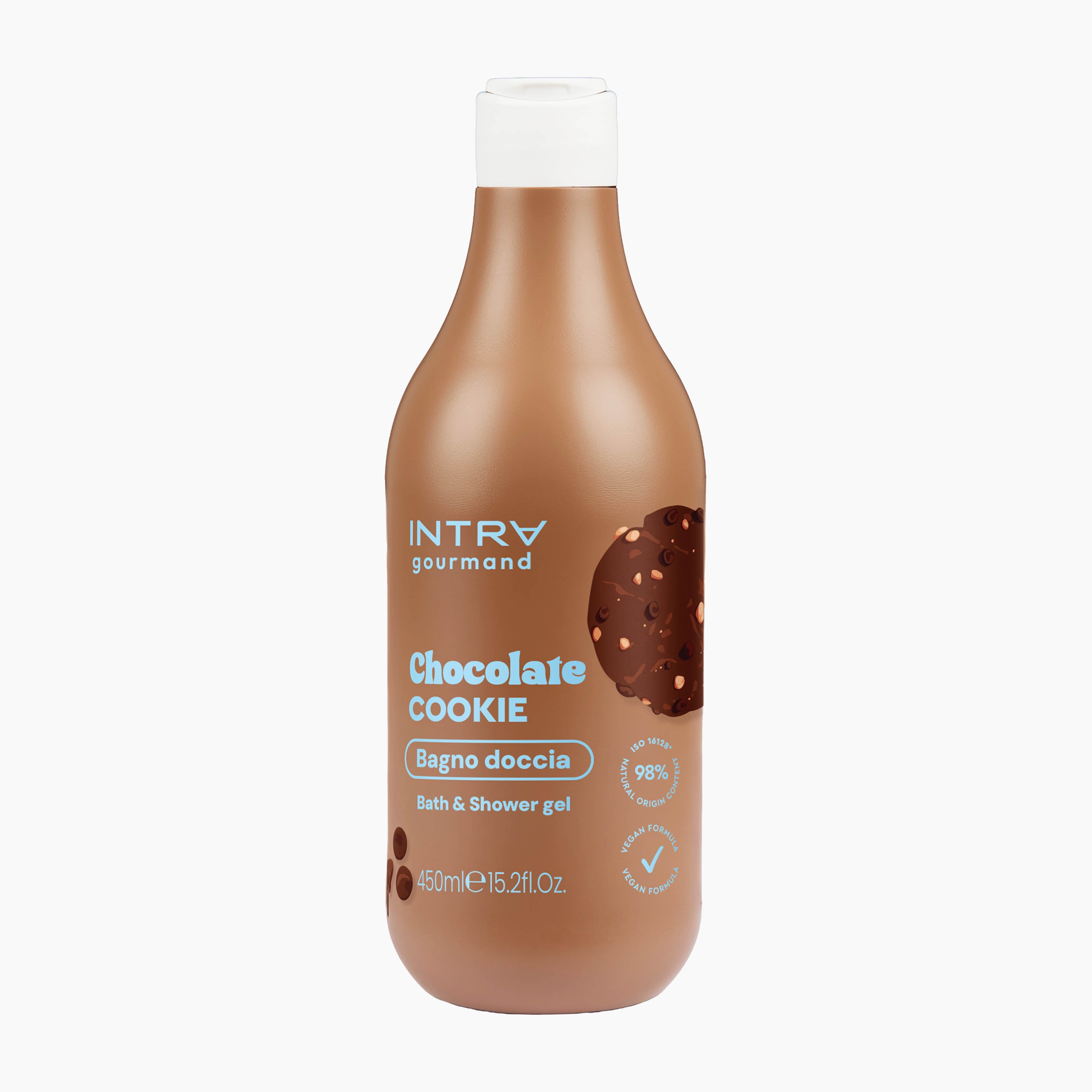A bottle of INTRA gourmand Chocolate Cookie bath & shower gel, featuring a glossy brown bottle with a white cap and a chocolate cookie graphic on the label, set against a plain white background.
