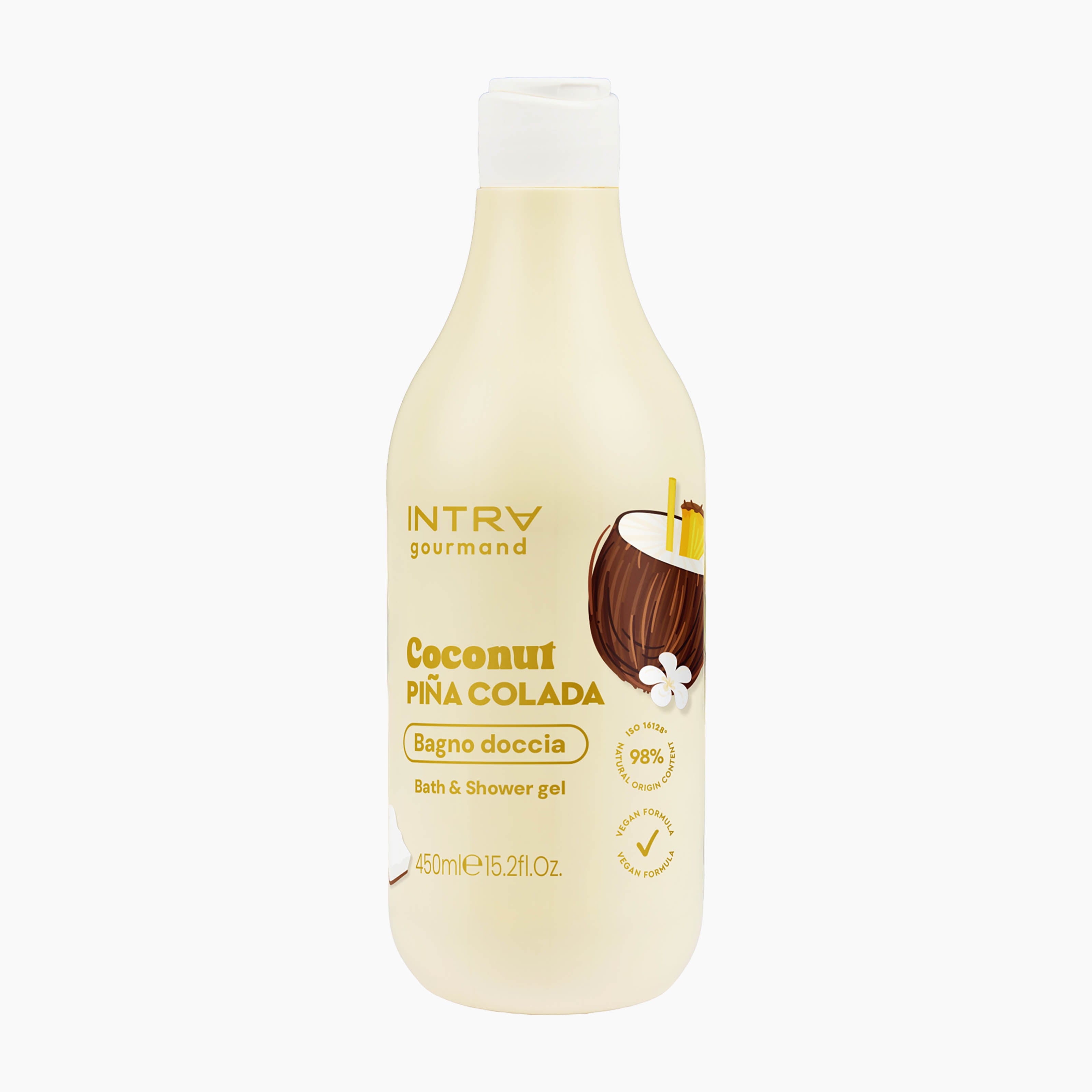 A bottle of INTRA gourmand Coconut Pina Colada bath and shower gel, featuring a cream-colored bottle with a white cap and a label showing a coconut illustration.