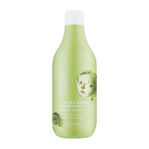 Green bottle of Intra Gourmand Creamy Pistachio bath and shower gel on a white background