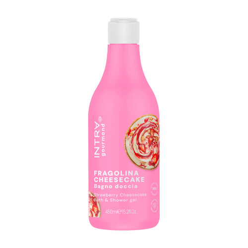 Pink bottle of INTRA Strawberry Cheesecake bath and shower gel on a white background