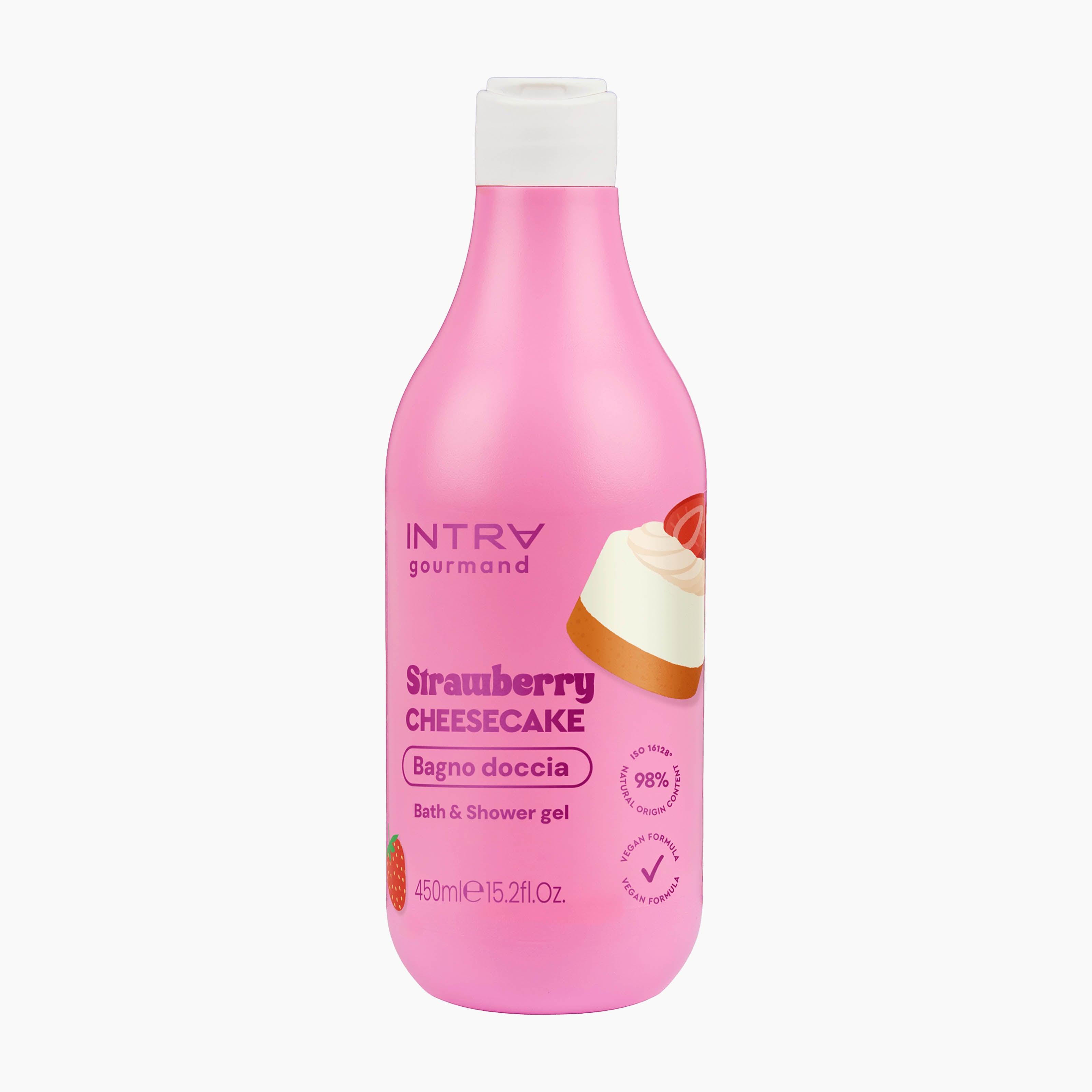A pink bottle of INTRA gourmand Strawberry Cheesecake bath and shower gel, featuring a white cap and a graphic of a strawberry cheesecake on the label, set against a plain white background.