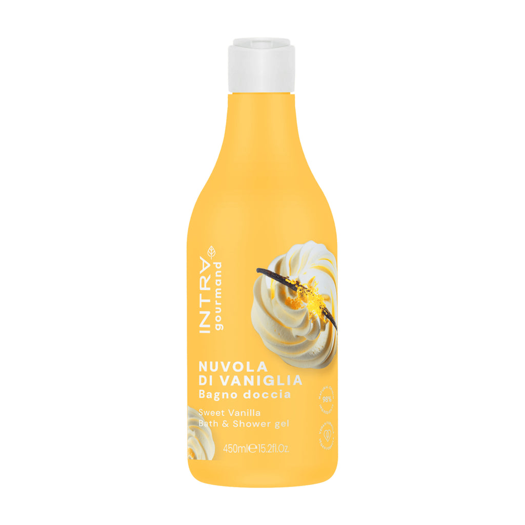 Yellow bottle of INTRA Sweet Vanilla bath and shower gel on a white background