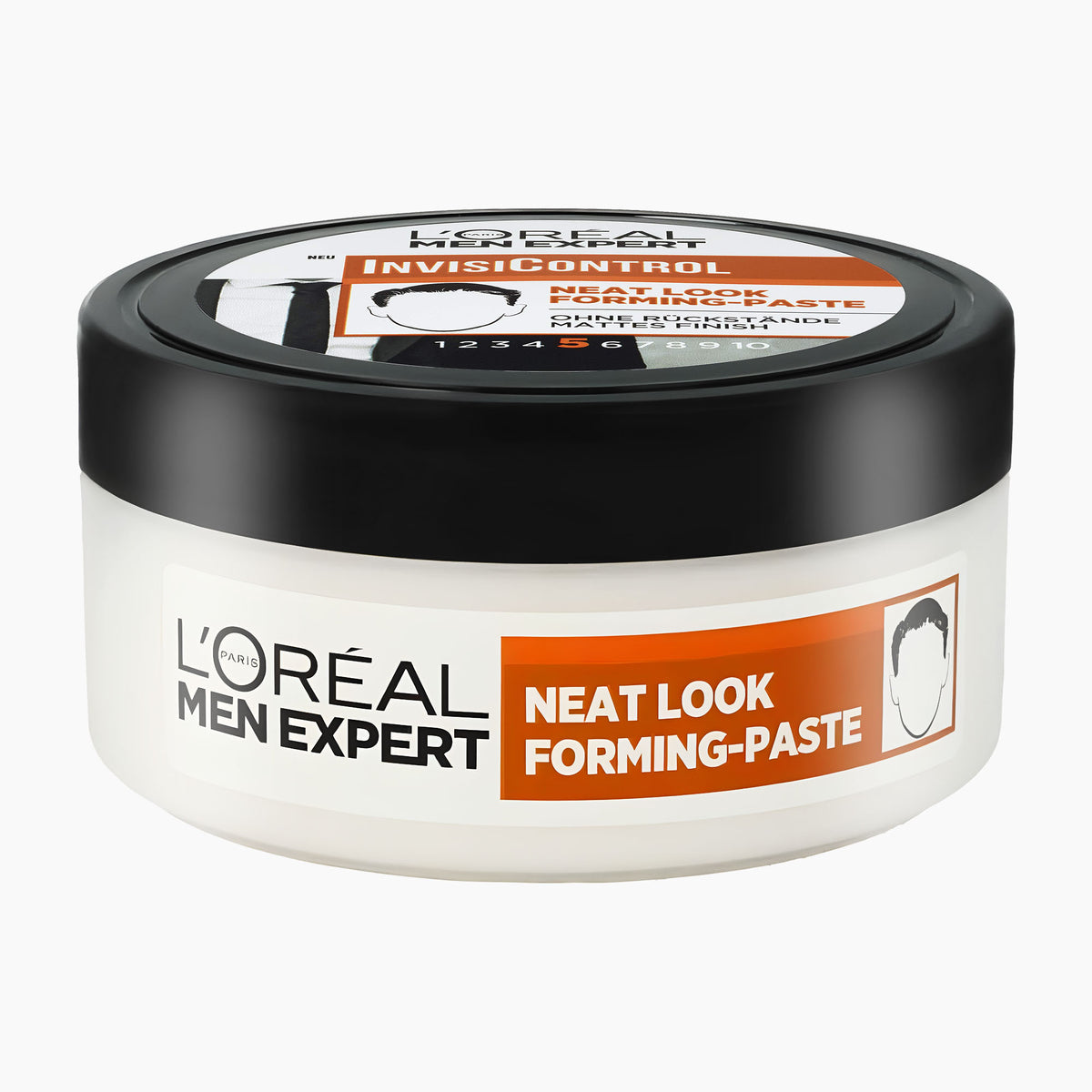 L'Oréal Paris Men Expert InvisiControl Neat Look Forming Paste in a white jar with a black lid and orange and white label, on a light gray background.