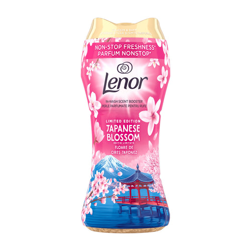 Lenor Japanese Blossom laundry perfume pearls packaging on a white background.