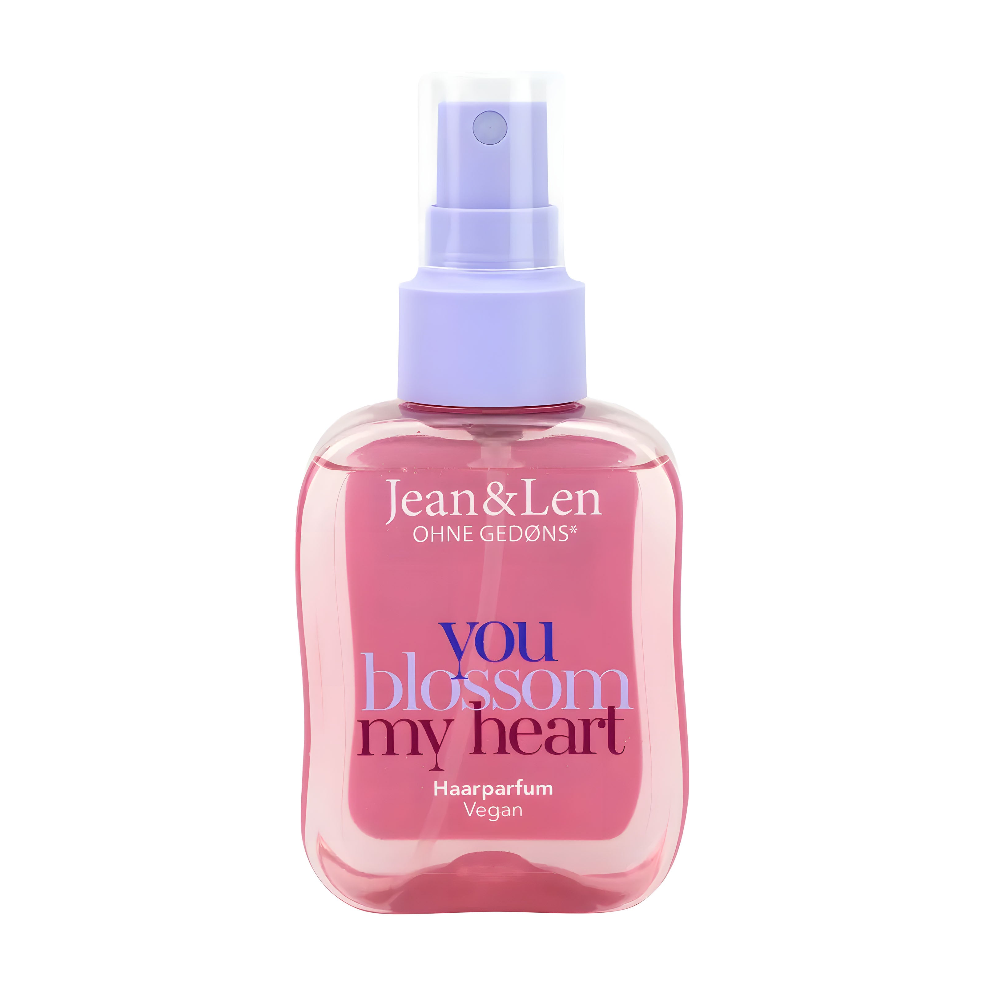 Pump bottle of Jean&Len You Blossom My Heart hair perfume on a white background