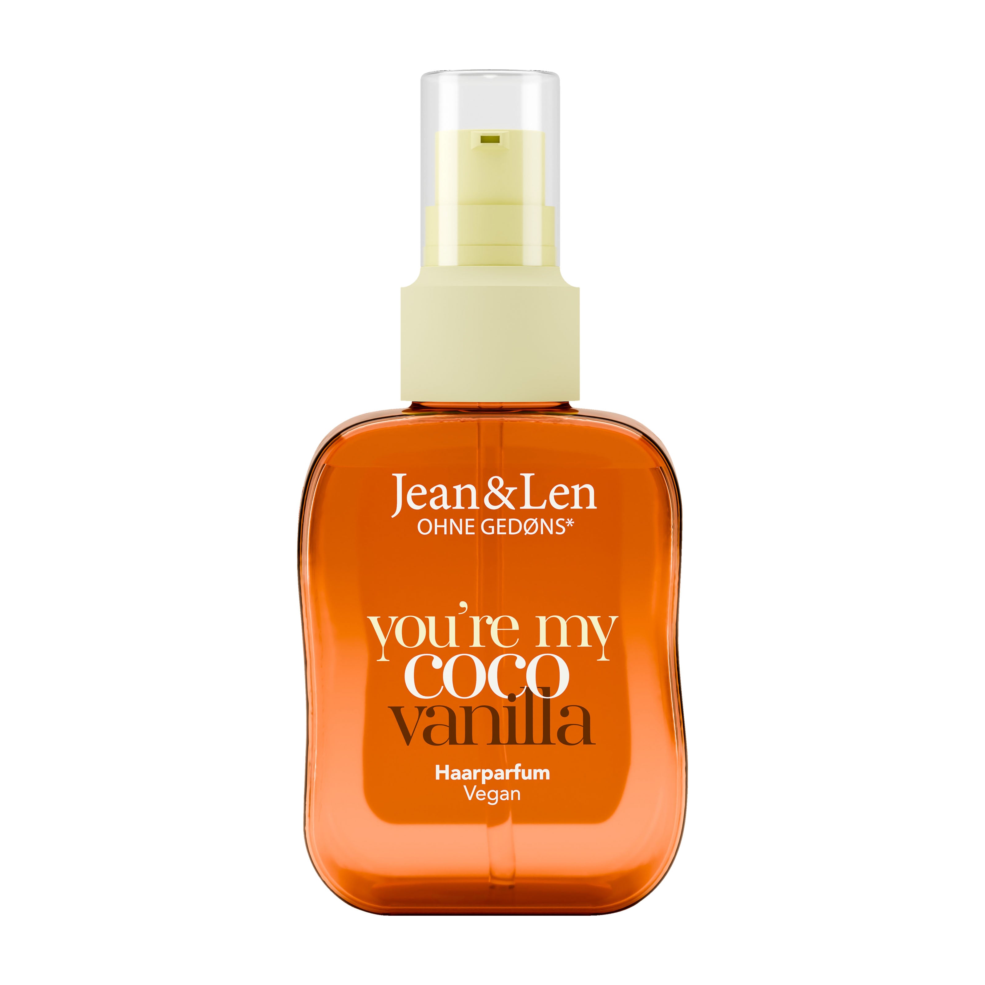 Pump bottle of Jean&Len You're My Coco Vanilla hair perfume with a white background