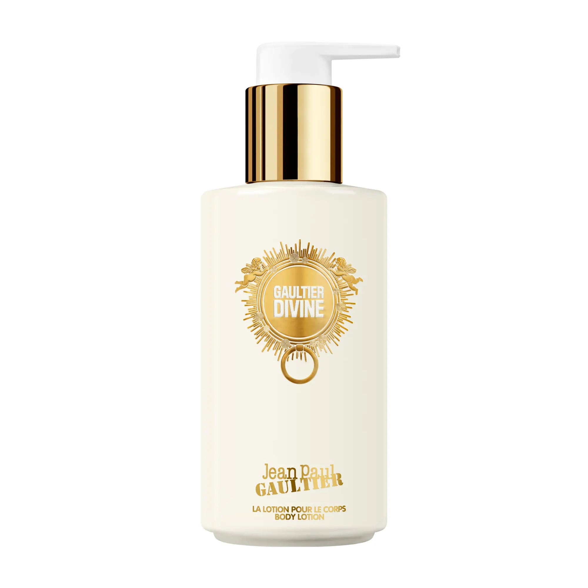 Jean Paul Gaultier Divine body lotion pump bottle with gold pump on a white background