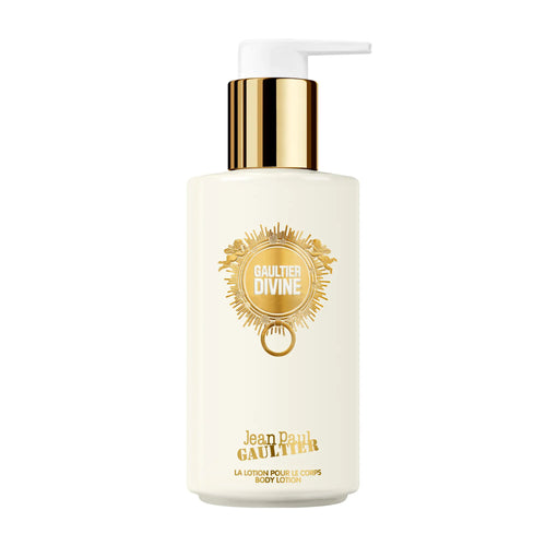 Jean Paul Gaultier Divine body lotion pump bottle with gold pump on a white background