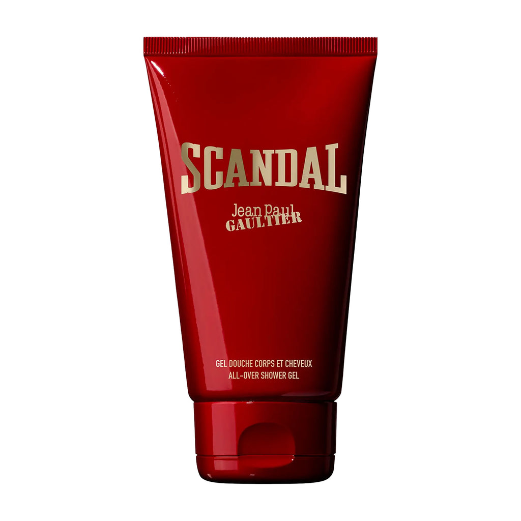Red tube of Scandal by Jean Paul Gaultier shower gel on a white background