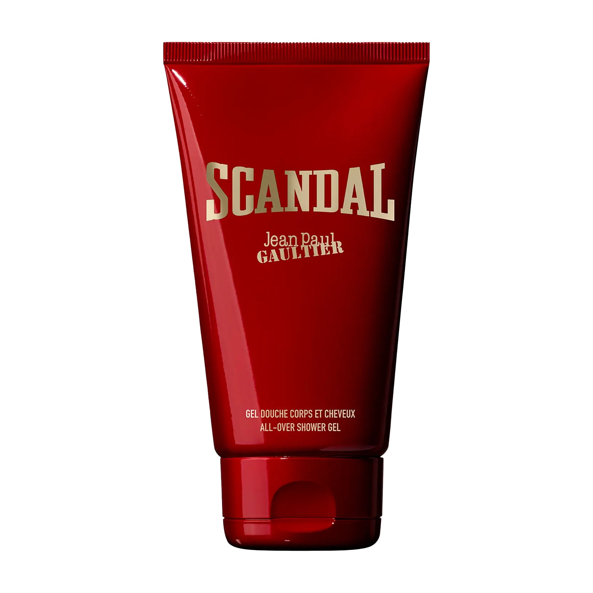 Red tube of Scandal by Jean Paul Gaultier shower gel on a white background