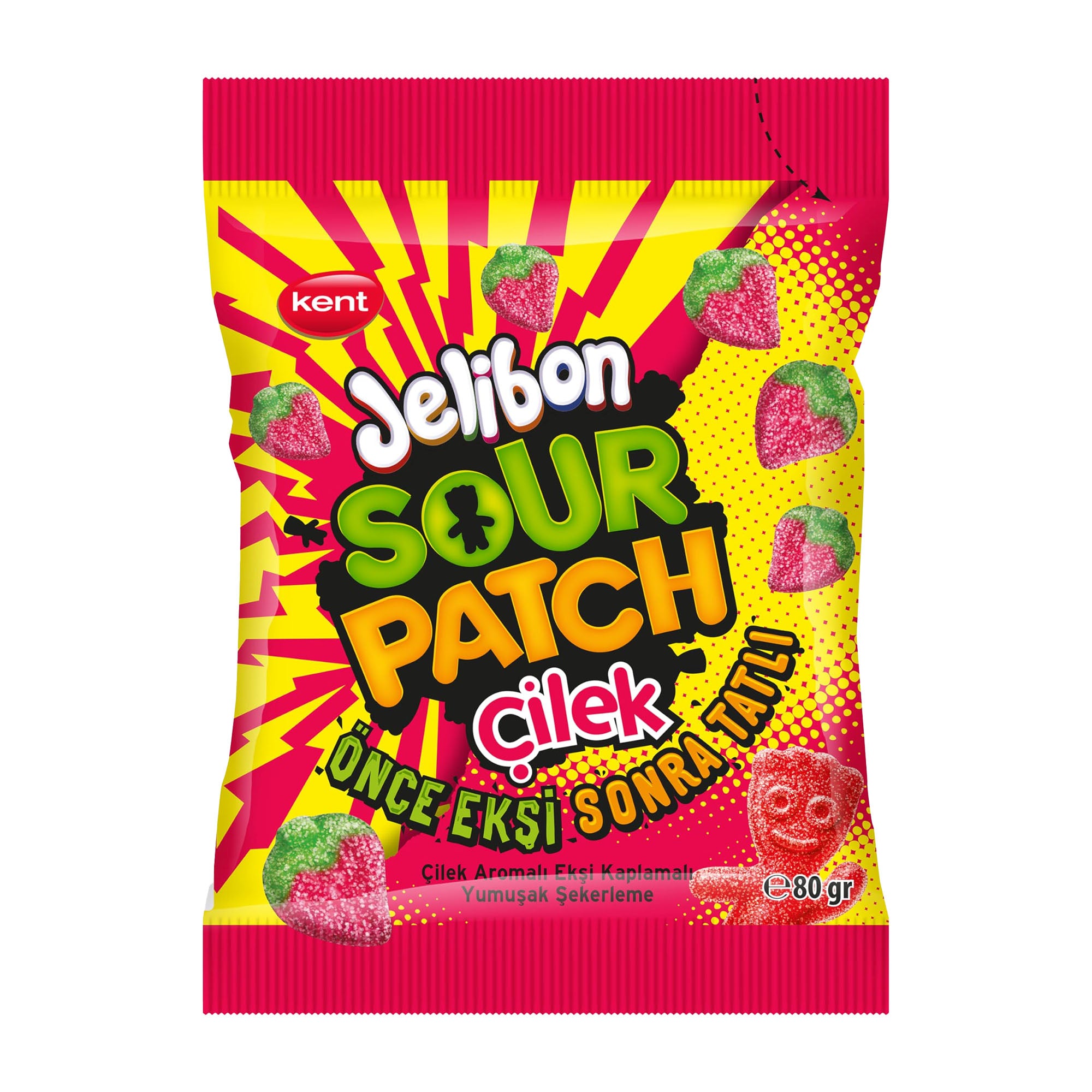 Kent Jelibon Sour Patch Strawberry gummy candy packaging on a white background