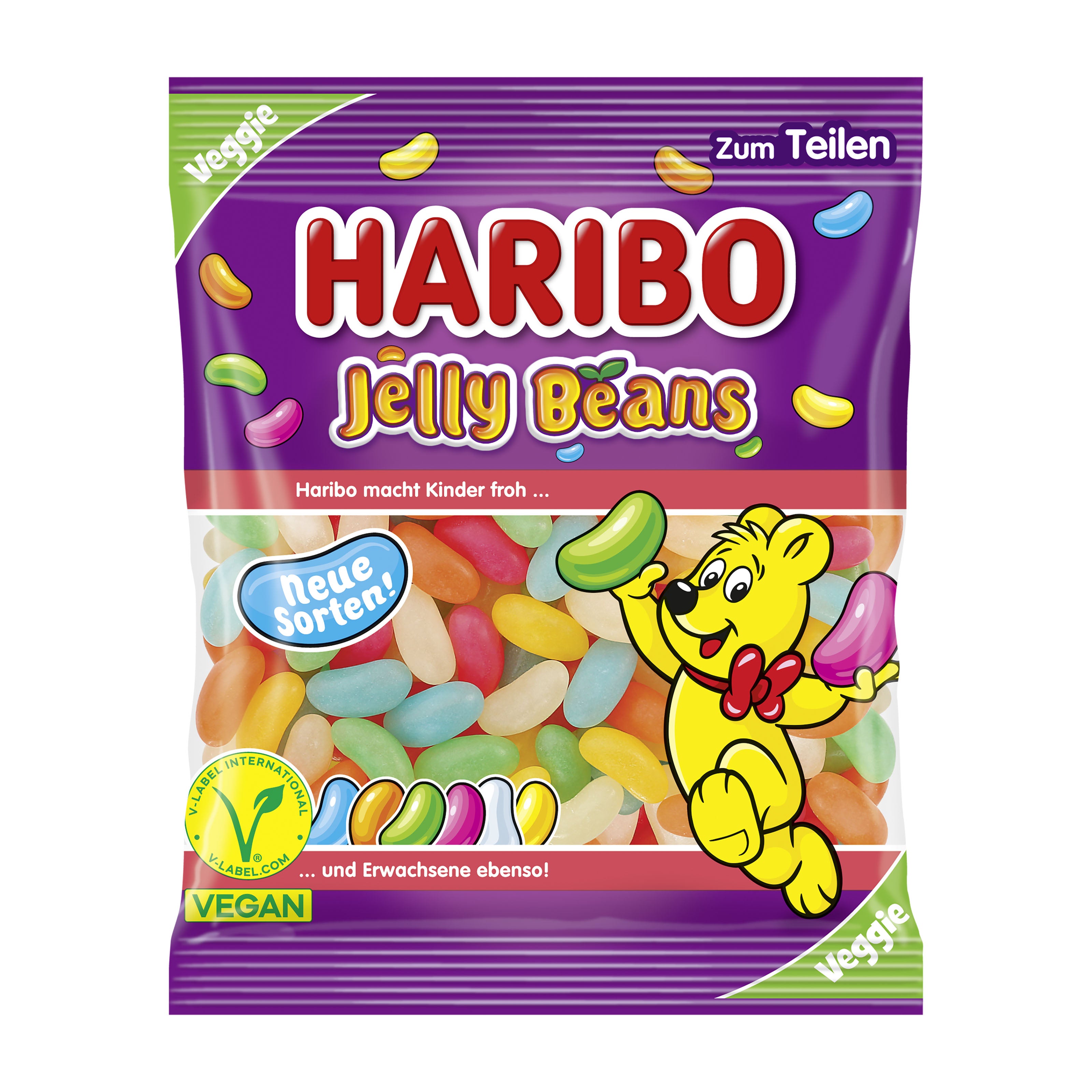 Haribo Jelly Beans packaging with a cartoon bear on a white background