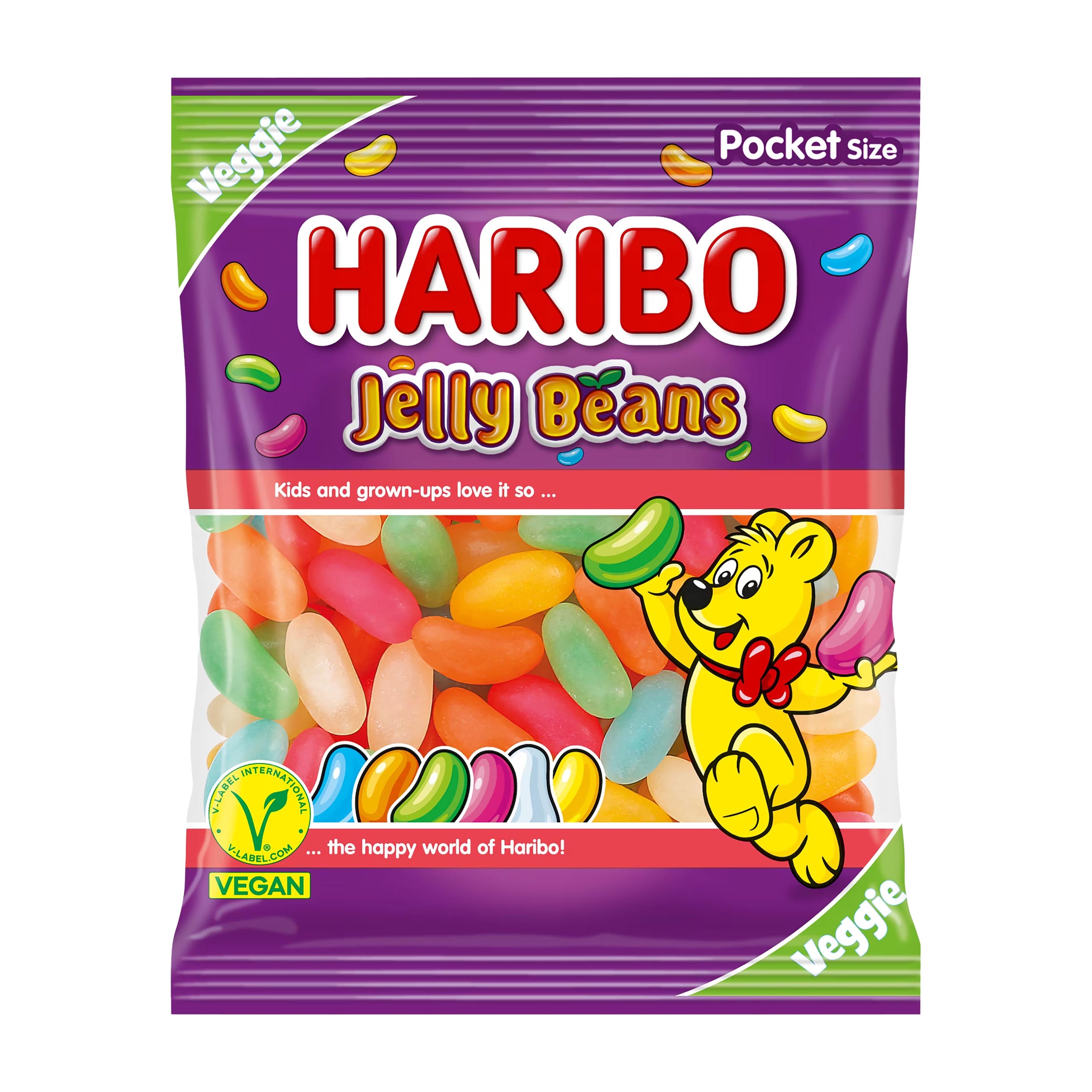 Haribo Jelly Beans packaging with a cartoon bear character on a white background