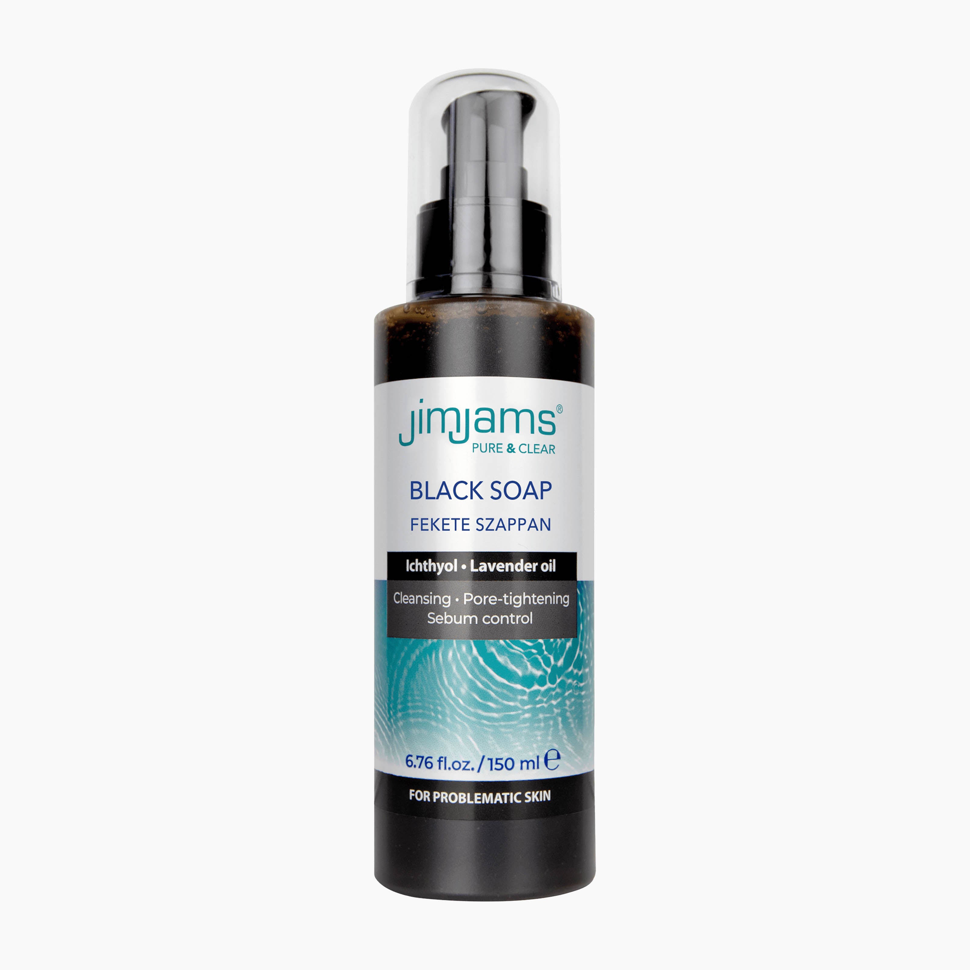A bottle of JimJams Pure & Clean Black Soap with a black pump and clear cap, set against a plain light gray background.