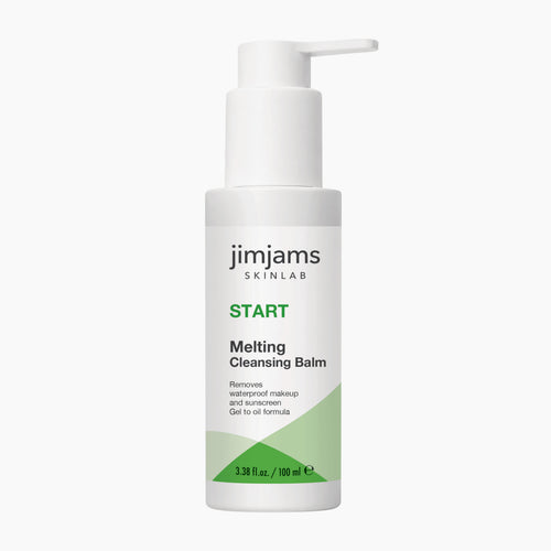 A white pump bottle of jimjams SKINLAB START Melting Cleansing Balm with green accents on the label, set against a light gray background.