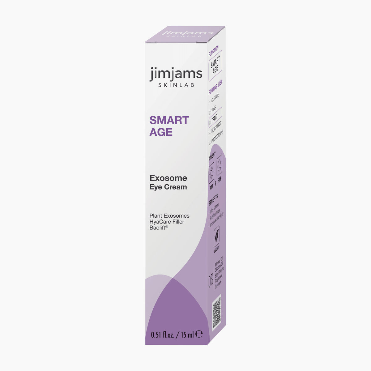 Jimjams Skinlab Smart Age Exosome Eye Cream in a white and light purple rectangular box, shown on a light gray background.
