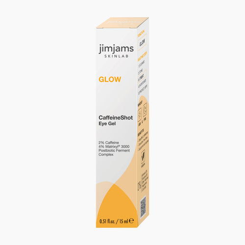Jimjams Skinlab Glow CaffeineShot Eye Gel in a white and orange box, shown on a light gray background.