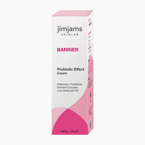 Jimjams Skinlab Barrier Probiotic Effect Cream in a white and pink box, shown on a light gray background.