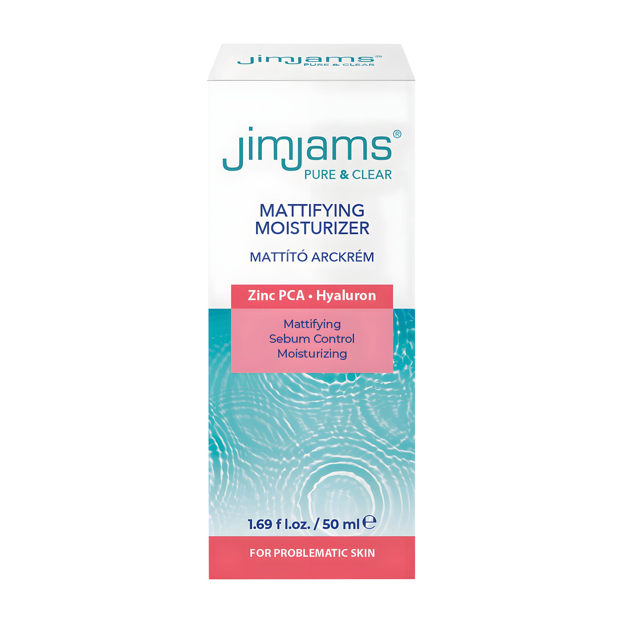 Box of JimJams Pure & Clear Mattifying Sebum Control Moisturizer on a white background