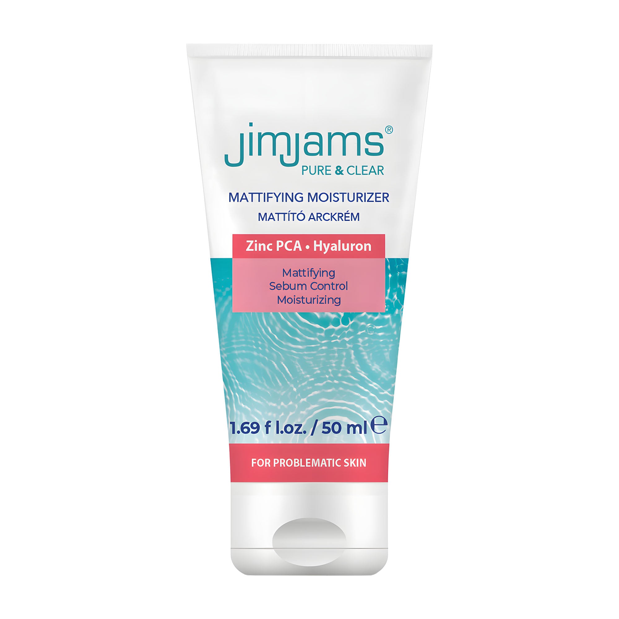Tube of JimJams Pure & Clear Mattifying Sebum Control Moisturizer on a white background