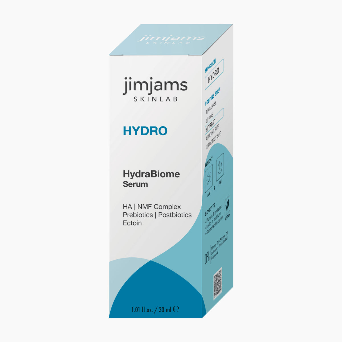 Jimjams Skinlab HydraBiome Serum in a 30 ml box, featuring a white and light blue design with the brand name 'jimjams SKINLAB' and product name 'HYDRO' printed on the front.