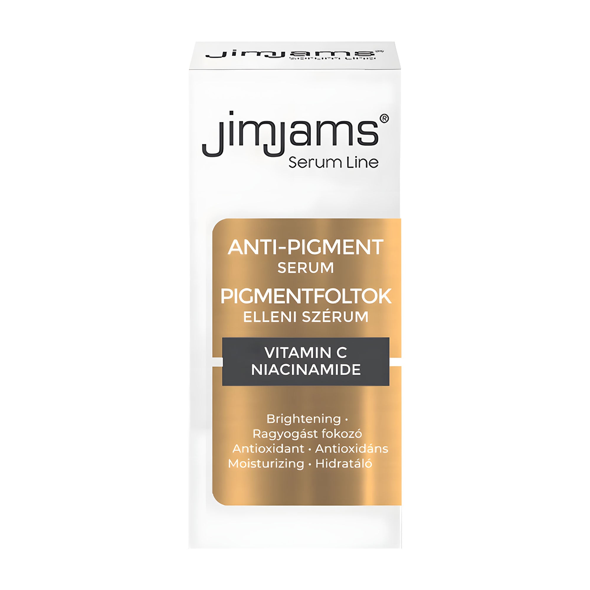 JimJams Serum Line Anti-Pigment serum packaging with gold and black text on a white background