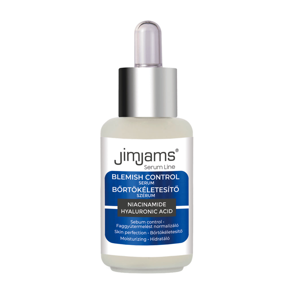 Jimjams blemish control serum bottle on a white background