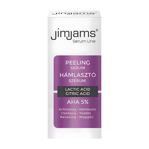 JimJams Serum Line peeling serum packaging with purple and white design on a white background