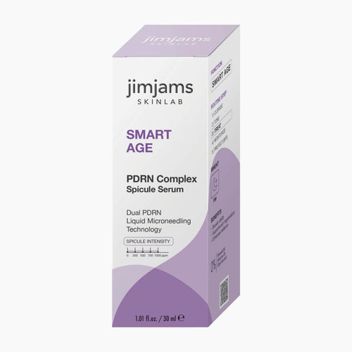 jimjams Skinlab Smart Age PDRN Complex Spicule Serum box on a light gray background.