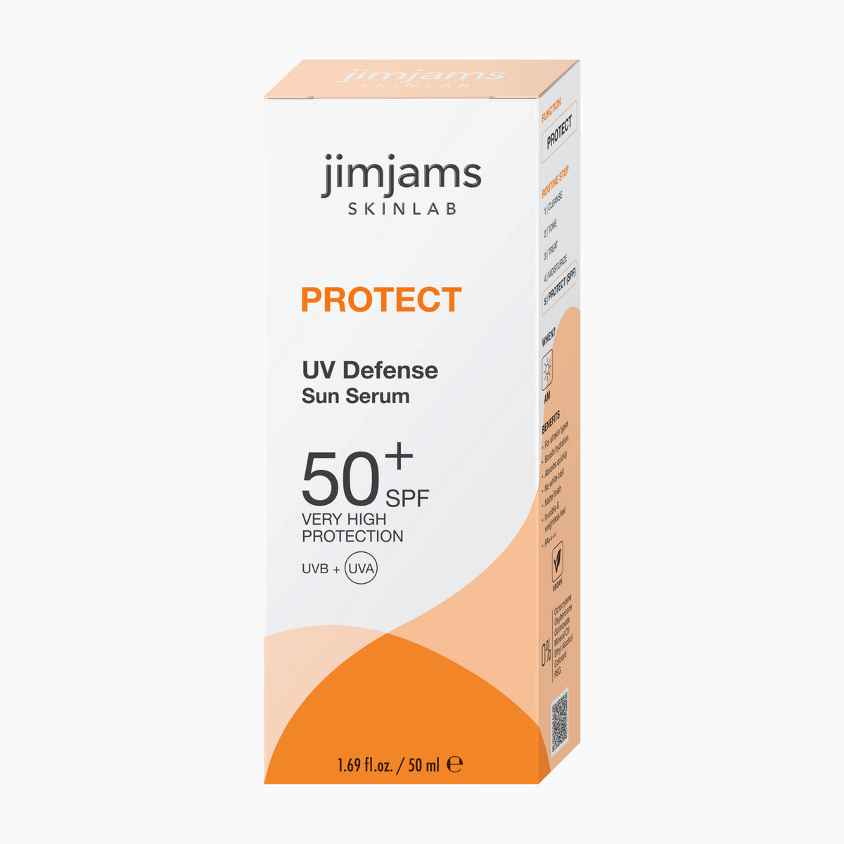 Jimjams Skinlab Protect UV Defense Sun Serum SPF 50+ in a white and orange box, shown on a light gray background.